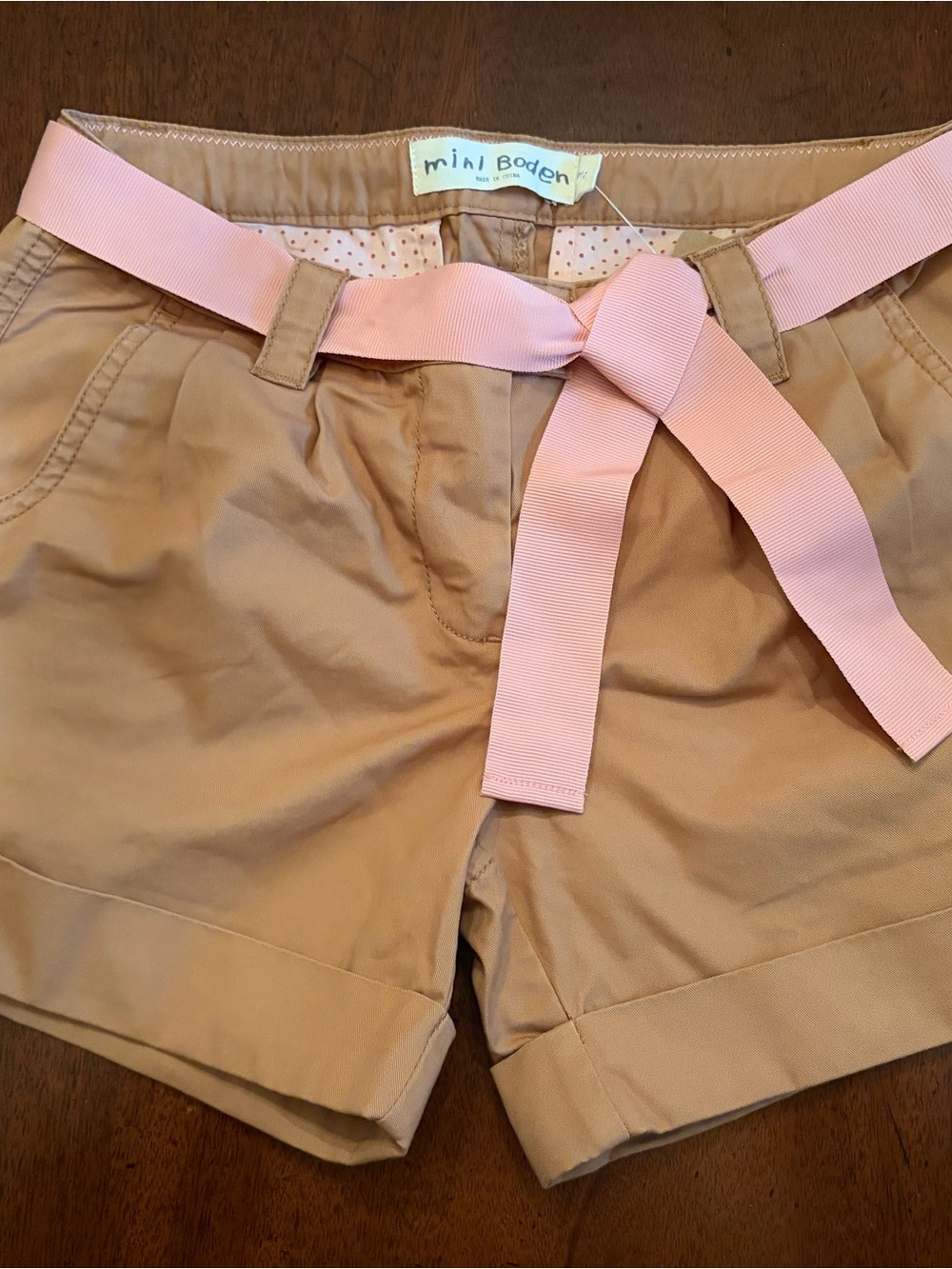 NEW Mini Boden Caramel Colored Shorts with Pink Ribbon Tie
